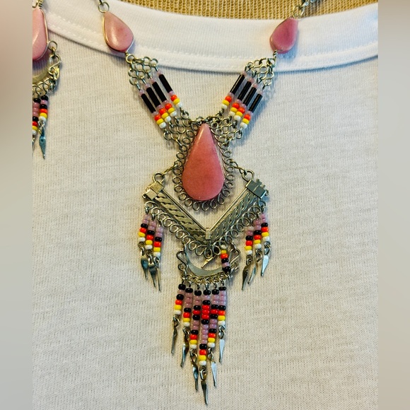 Native American Pink Silver Necklace and Dangle Earrings / 18” Long - Picture 2 of 6